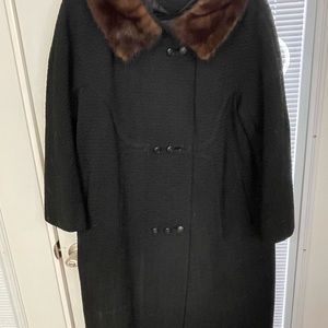 1950s/60s Vintage Black Wool Pea Coat With Fur Collar Buttons Size XL 16/18